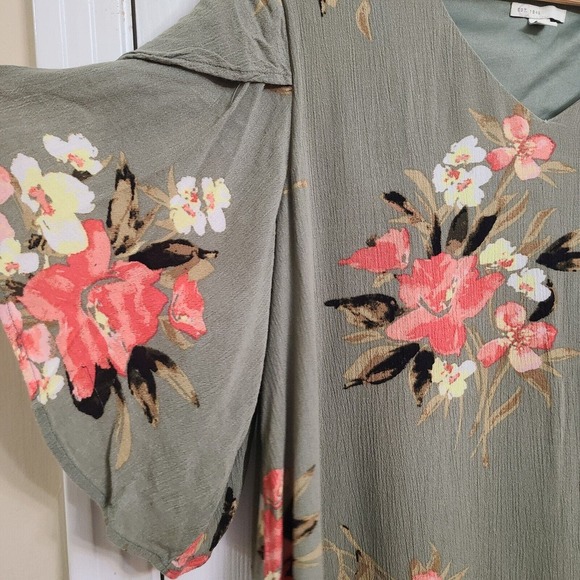 C EST 1946 Boho Floral Dress Gauzy Lined Flutter Sleeve Crochet Green Pink LARGE - Picture 3 of 12